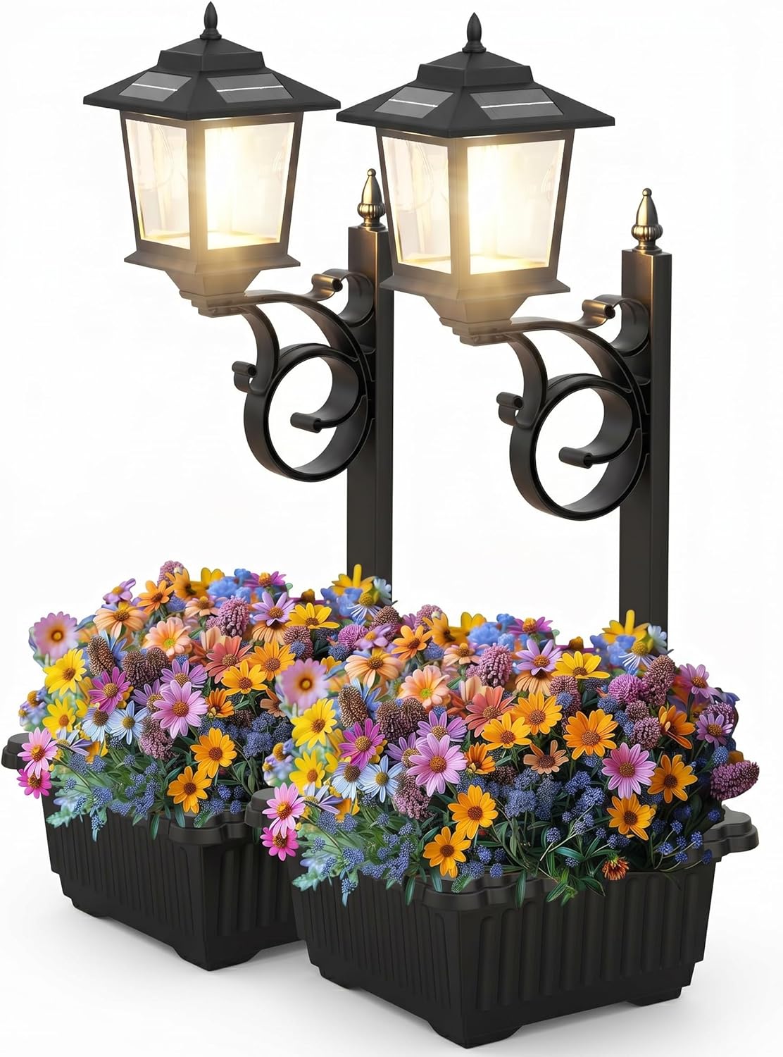 2-Pack Solar Lamp Post Lights with Planter, 2-in-1 Outdoor Flower Pot Waterproof Solar Lamp Post, Decorative Outdoor Solar Planter Lights for Garden, Patio, Pathway and Driveway, Dual Mounting Options