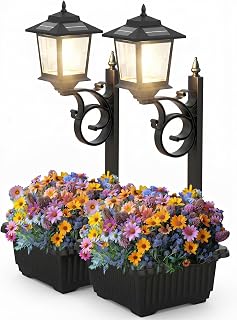 2-Pack Solar Lamp Post Lights with Planter, 2-in-1 Outdoor Flower Pot Waterproof Solar Lamp Post, Decorative Outdoor Solar Planter Lights for Garden, Patio, Pathway and Driveway, Dual Mounting Options