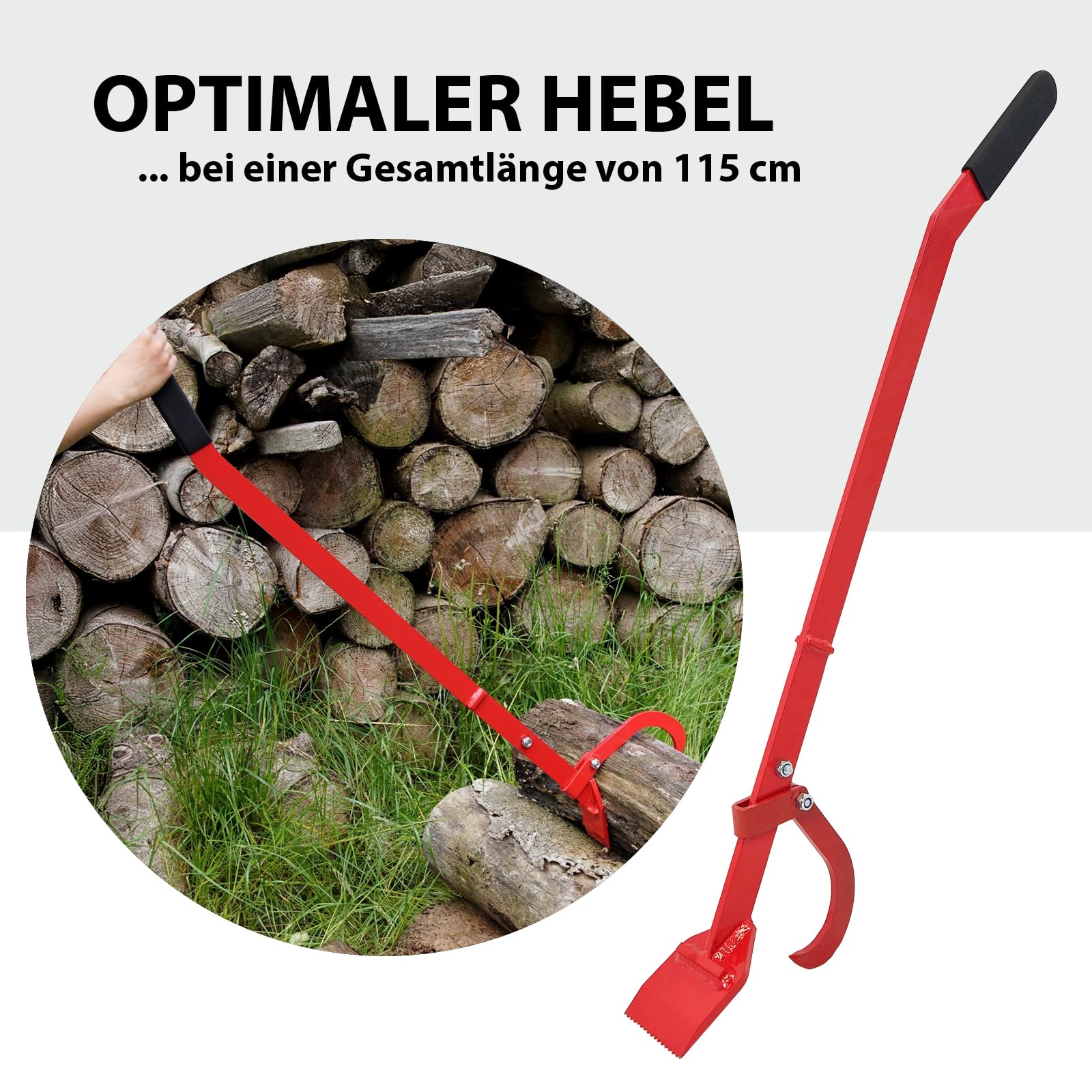 TRUTZHOLM Fällheber mit Wendehaken 115 cm lang Zahnplatte 10 cm breit rutschfester Griff Fällhilfe aus Stahl zum Fällen Anheben Drehen von Baumstämmen bis 540 mm geschmiedeter Stammwender in rot