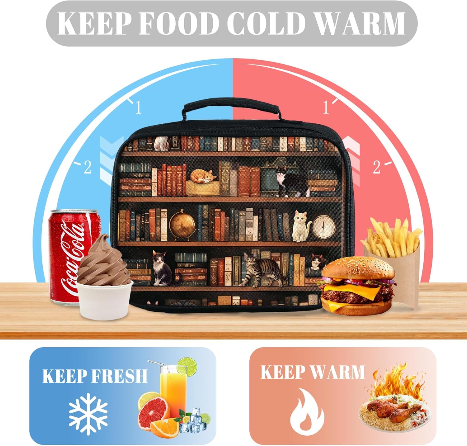 Lunch Box Kids Book, Cat Insulated Lunch Box for Kids Teen Boys Girls with Zippered Pocket, Reusable Portable Toddler Library Cat Lunch Bag, Keep Food Fresh Lunchbag for Office Work Travel Picnic - Image 5