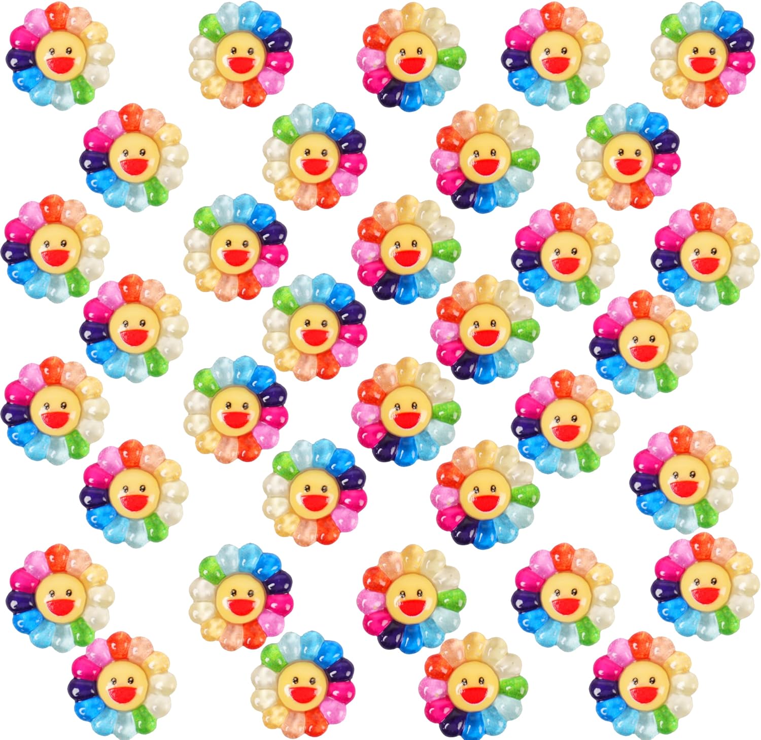60pcs Slime Charms Cute Resin Charms Sunflower Smiley Face Resin Embellishments Cute Bulk Mixed Scrapbooking Embellishments for DIY Crafts Making Decorations Phone Case Decor