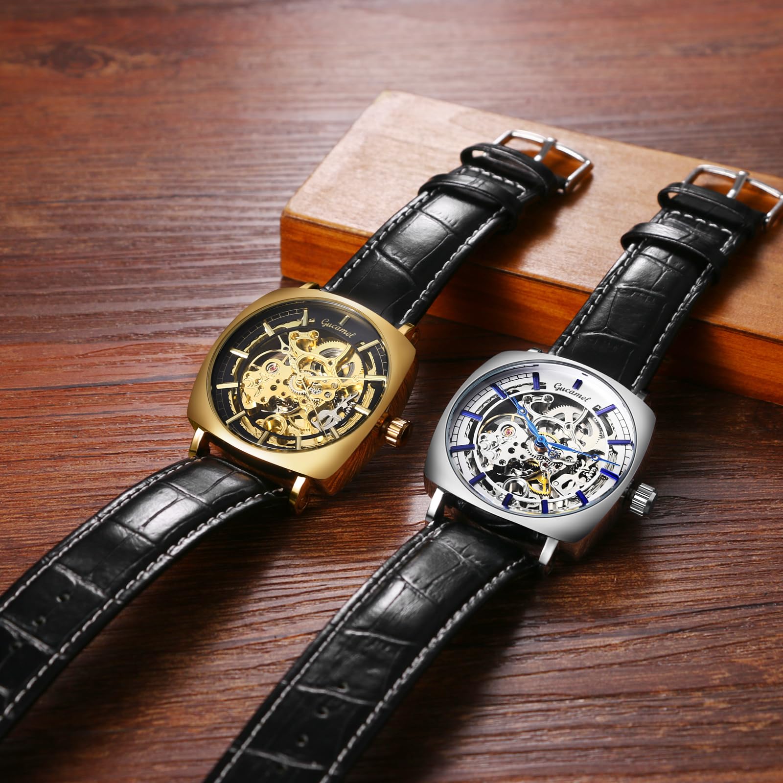 JewelryWe Herrenuhr Automatik Mechanische Uhr 30m wasserdicht Analog Automatische Armbanduhr Automatikuhr Herren Schwarz Echtes Lederarmband Skelett Uhr