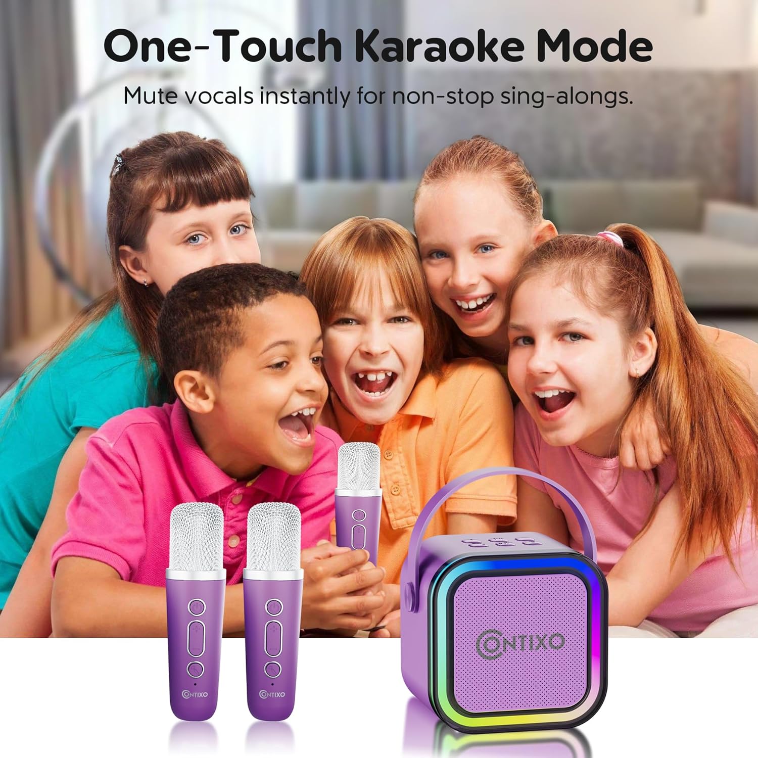 Contixo KS1A Kids Mini Karaoke Machine with LED Lights, 7–10H Playback, Dual Wireless Mics, Magic Voice Effects, Bluetooth Speaker for Children, Portable Singing Toy Gift for Boys & Girls, Purple - Image 4