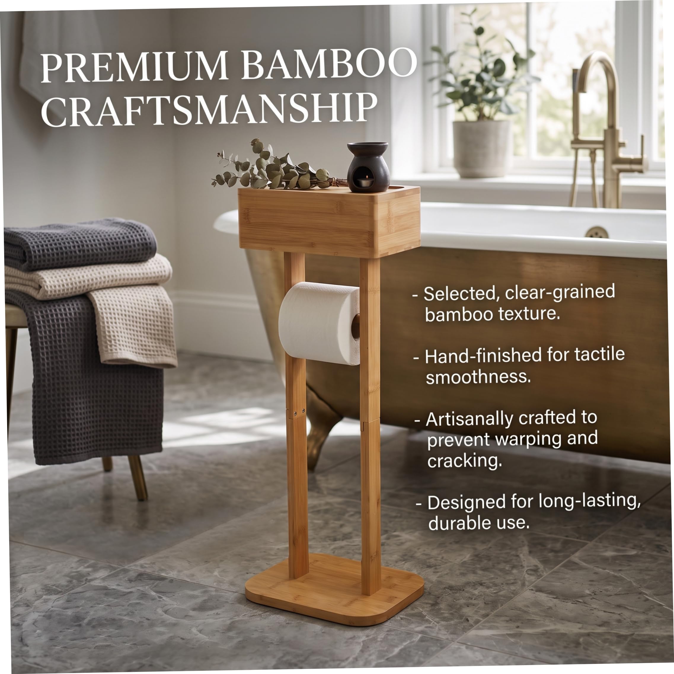 Porte-Papier hygiénique avec Rangement, Support de Papier Toilette sur Pied en Bambou, Organisateur de Salle Bain
