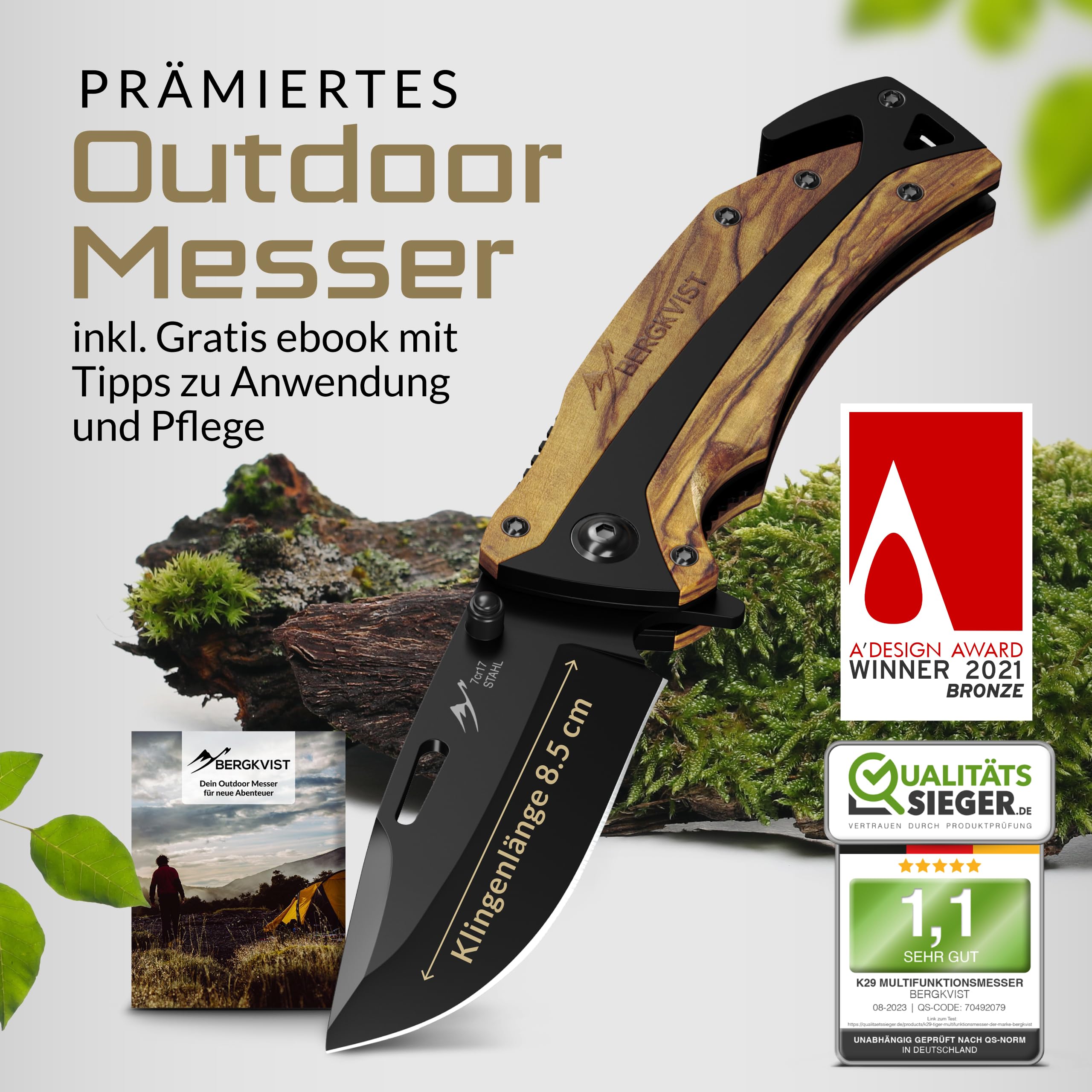 BERGKVIST® K29 Klappmesser Tiger (Einhandmesser) - 3-in-1 Taschenmesser aus Echtholz für Outdoor, Camping & Survival - ausgezeichnet mit dem Bronze A' Design Award 2021 - inkl. Feuerstahl & Tasche