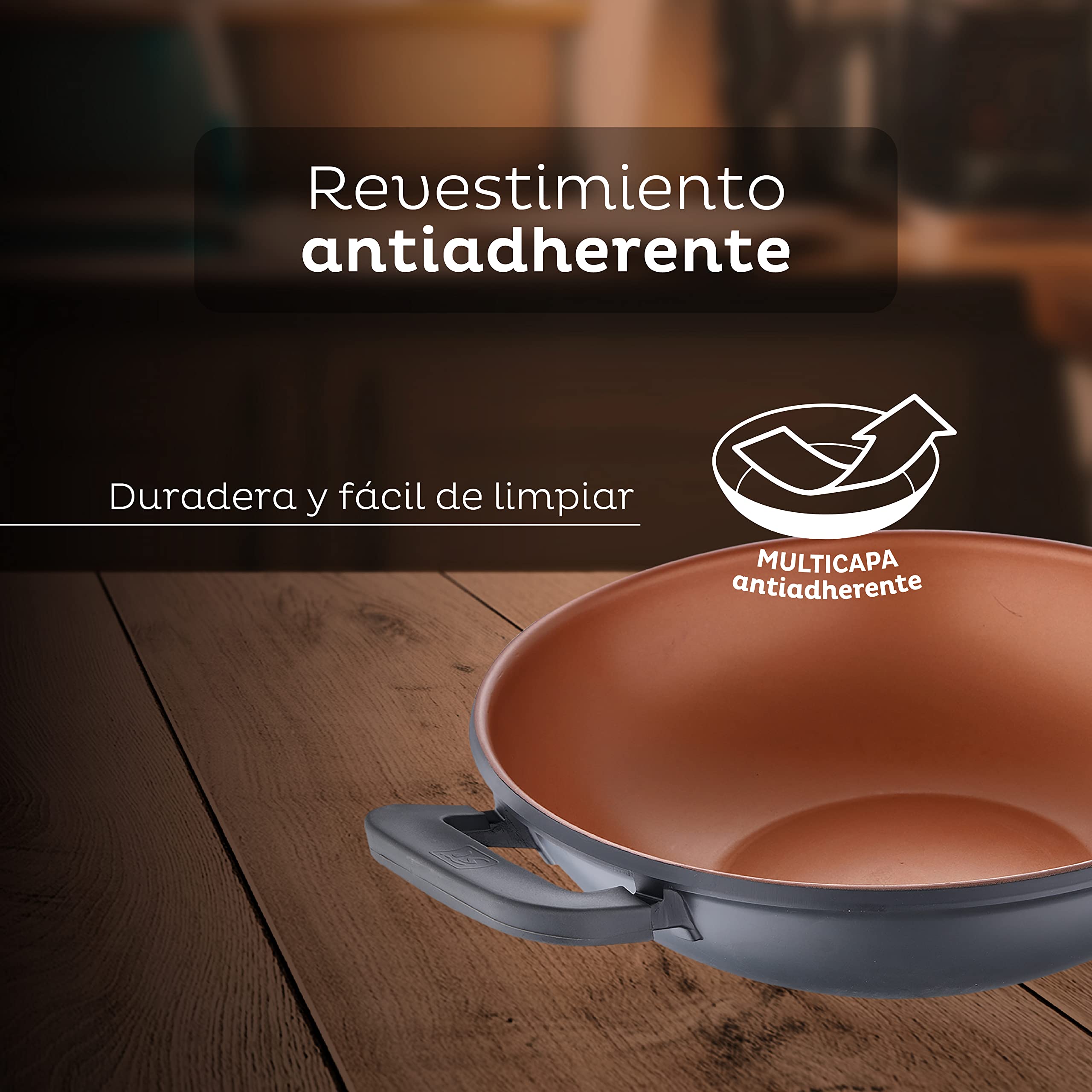 SAN IGNACIO Bronze - Wok de Cocina de 32 cm Antiadherente de Aluminio Fundido - Mango Soft Touch - Sin Tóxicos - Para Inducción, Vitroceramica y Todo Tipo de Cocinas