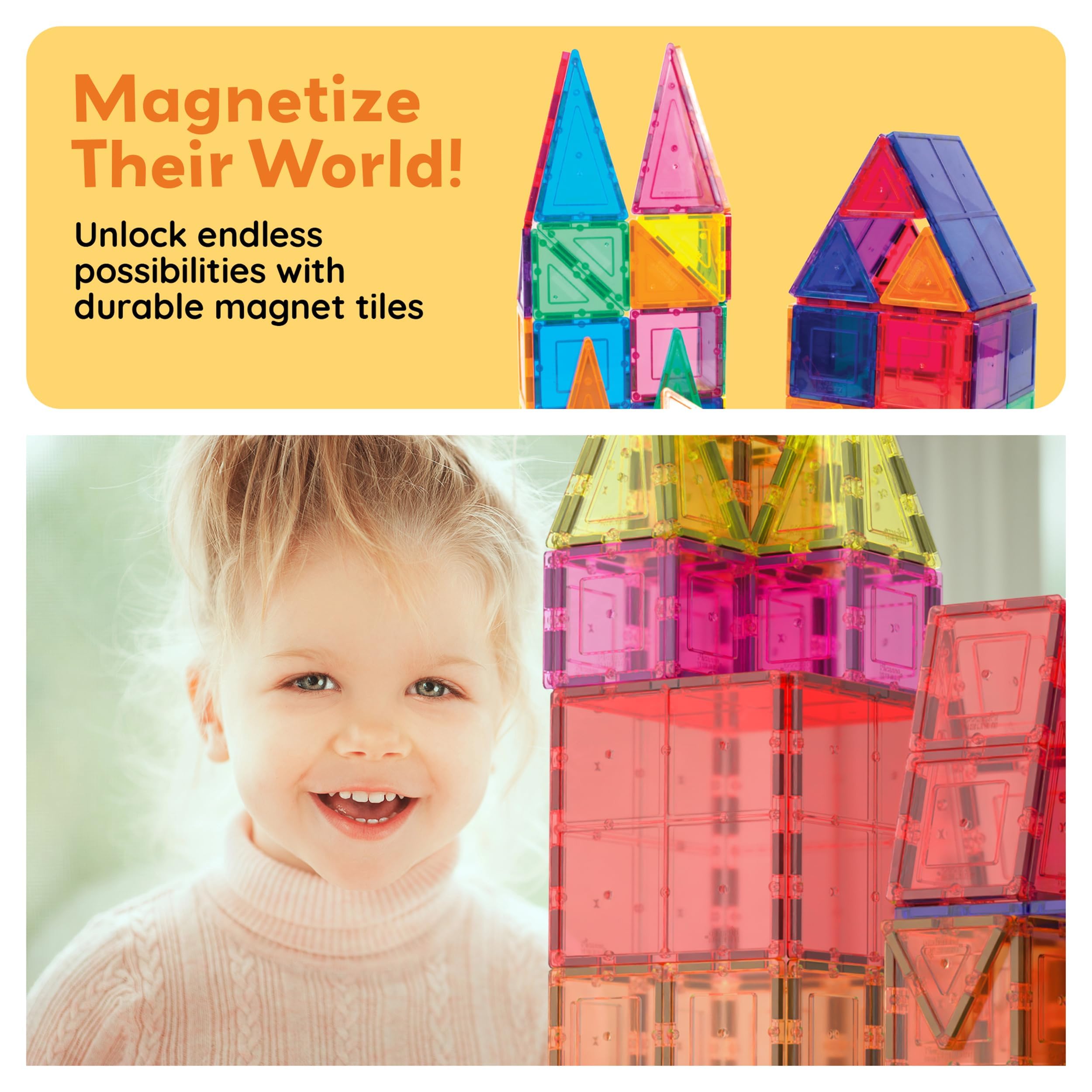 PicassoTiles 60 Piece Magnetic Tiles Clear 3D Building Blocks STEM Ages 3+ — Amazon image 5