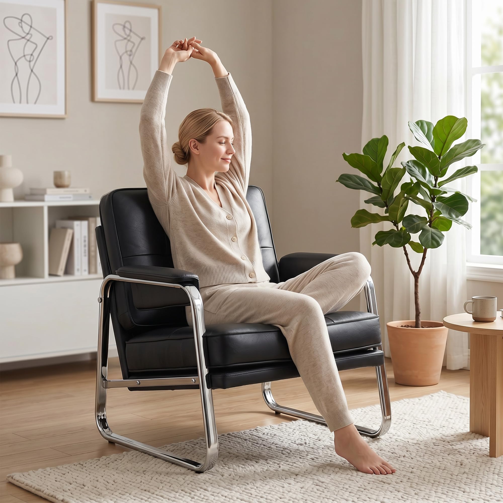 HOMCOM Sessel Loungesessel mit breiter Sitz, Armlehnen, Polstersessel mit Stahlbeinen, Knopfheftung, Dicker Polsterung Relaxsessel aus Kunstleder für Wohnzimmer, Schlafzimmer, Schwarz