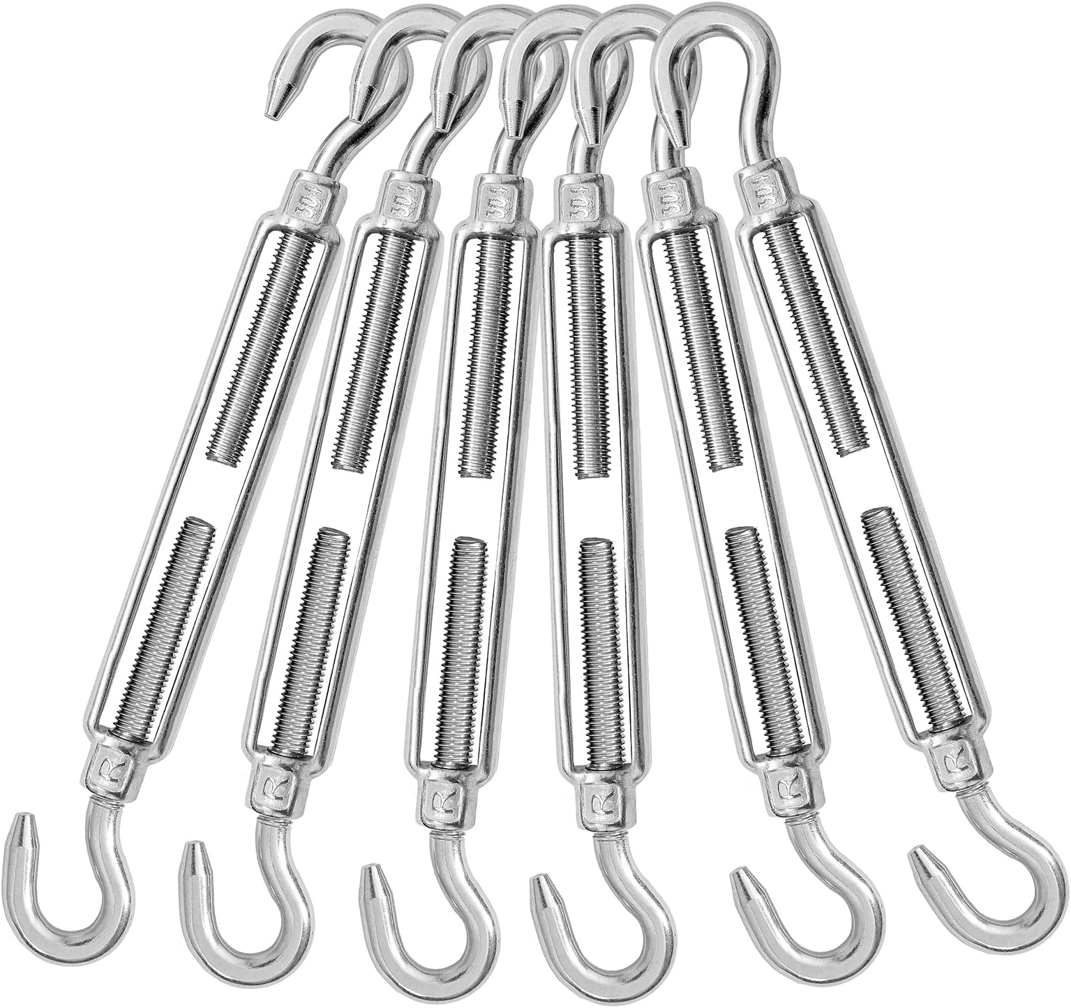 6PCS M10 Hook & Hook Turnbuckle 304 Stainless Steel Turnbuckle Wire Rope Tension Heavy Duty Turnbuckles for Cable Railing Wire Rope Hardware Kit (M10, Hook & Hook)