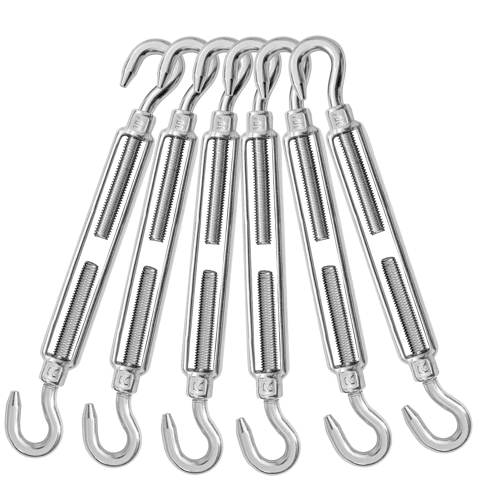 6PCS M10 Hook & Hook Turnbuckle 304 Stainless Steel Turnbuckle Wire Rope Tension Heavy Duty Turnbuckles for Cable Railing Wire Rope Hardware Kit (M10, Hook & Hook)