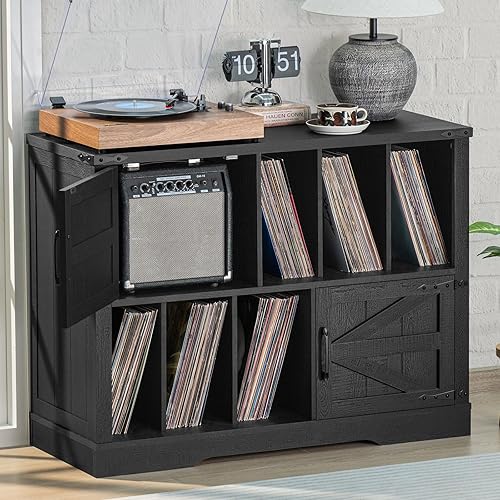 Vista 9 de Soporte grande para tocadiscos con almacenamiento de vinilo de hasta 450 álbumes, armario de almacenamiento de madera azul marino de 39 pulgadas