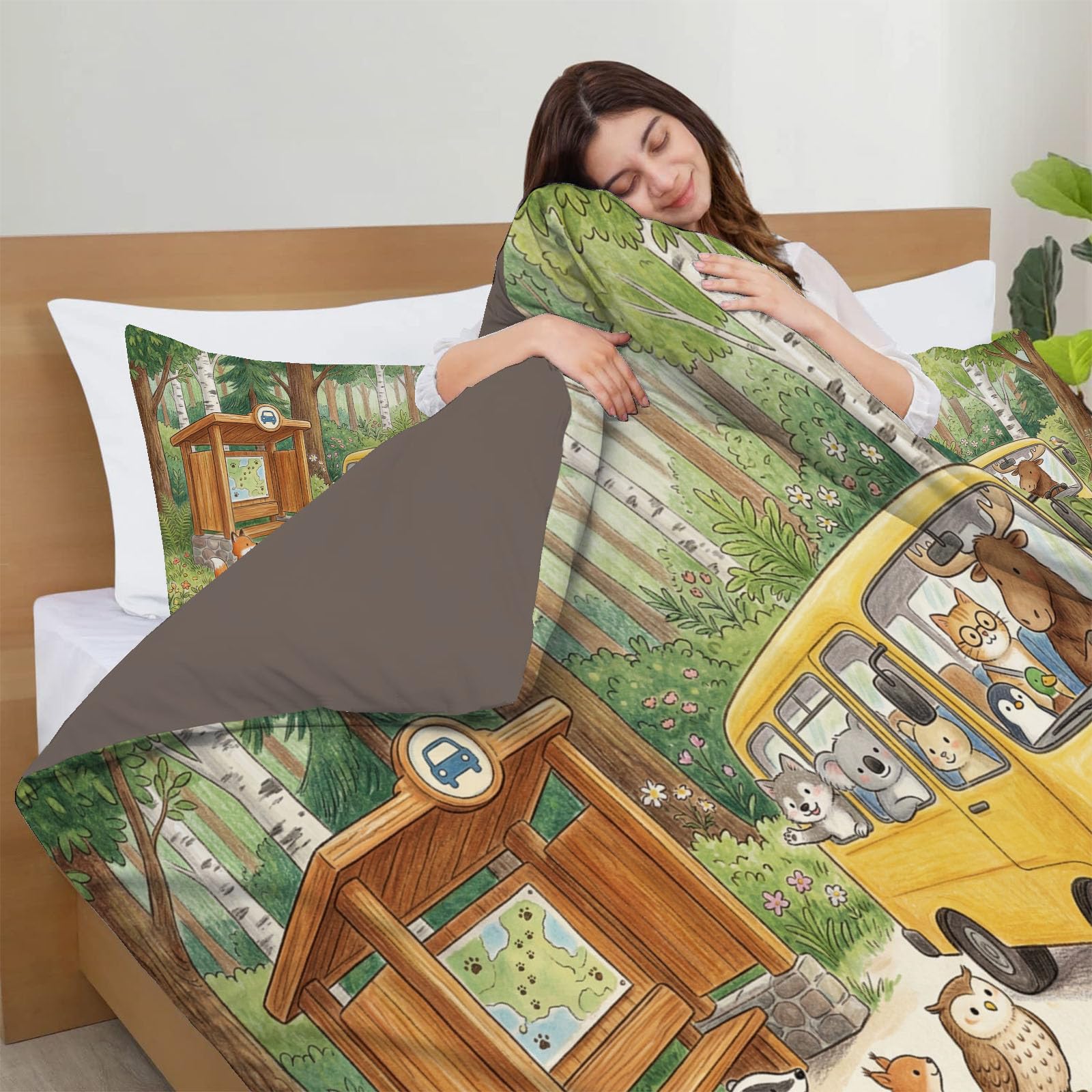 Juego de Fundas Nórdica, 260x240cm Juego de Ropa de Cama Autobús De Animales Funda de Edredón Libros Ilustrados Infantiles con Fundas de Almohada para Niños, Adolescentes, Adultos, Amarillo Verdoso