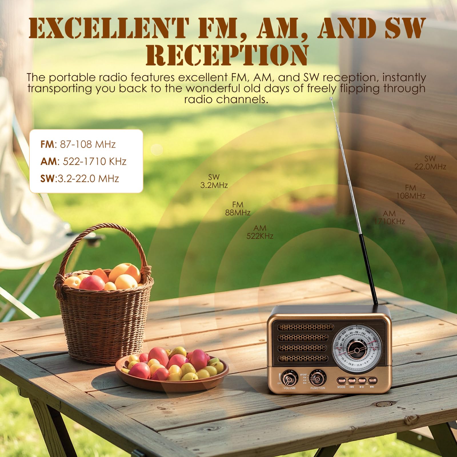 3-Band tragbares Radio mit Bluetooth, MP3-Player, USB/TF-Wiedergabe, LED-Taschenlampe und wiederaufladbarem Akku - Handheld-Akku-betriebenes FM/AM/SW-Radio für Outdoor (Goldene)