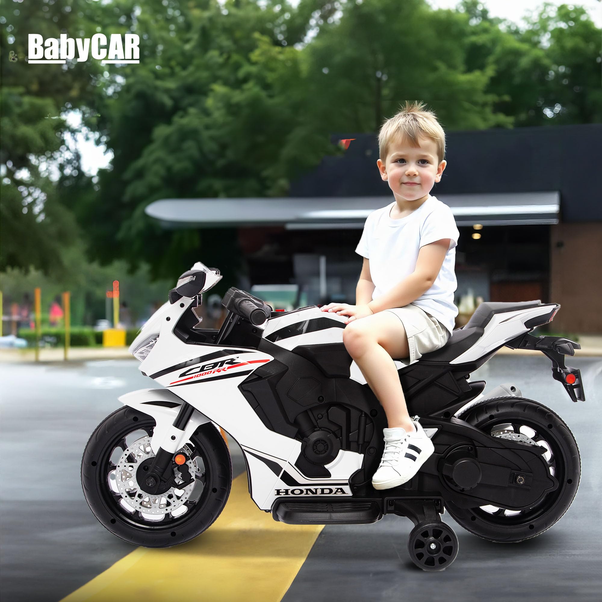 Moto Electrique Enfants BabyCar Honda CBR 12V | Moto Électrique Enfant 3-5 Ans avec Lumières, Sons, MP3/USB et Roulettes Stabilisateurs | Batterie 12V 3,5Ah, Moteur 30W et Accélérateur au Pied | Blanc