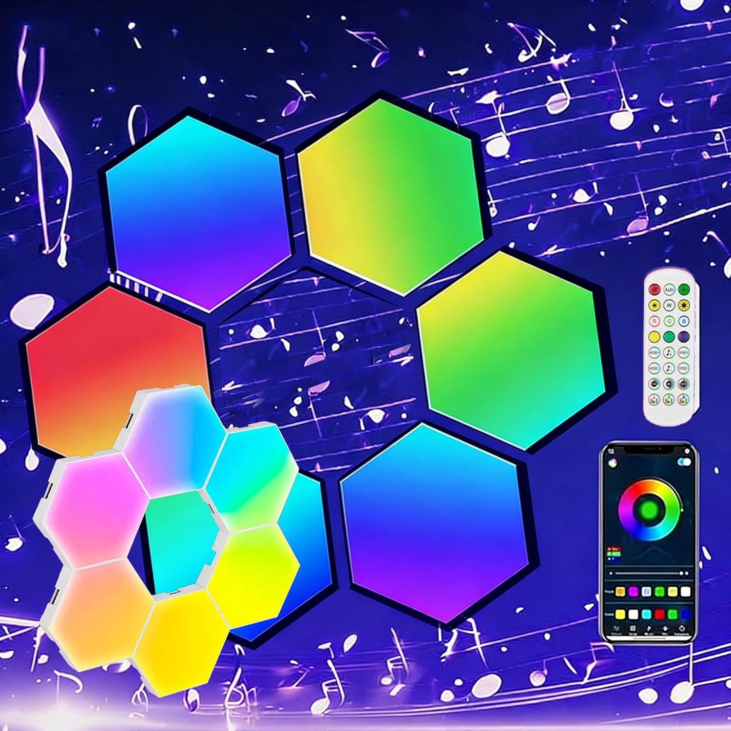 Hexagon Wall Light Panels (6 Pack), Smart RGB LED Quantum Lights with App & Remote Control, Music Sync Modular Honeycomb Lights for Gaming Decor, Streaming, Bedroom, DIY Creative Gifts
