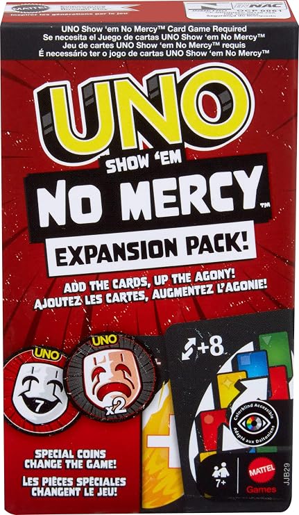 Mattel Games UNO Show em No Mercy Expansion Pack with Extra Cards, Coins, Special Rules & Tougher Penalties for Kid, Adult & Family Nights