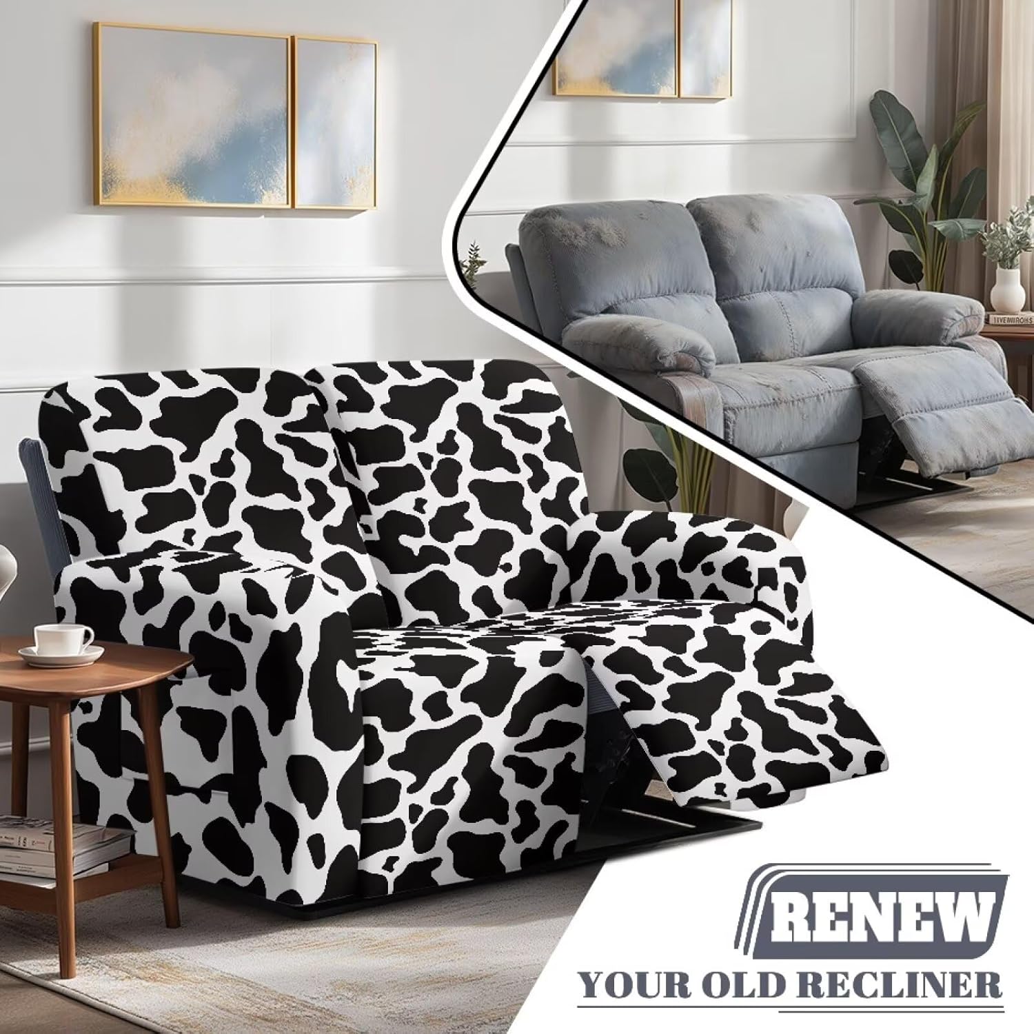 Cow Print Double Recliner Covers Washable Lazy Boy Recliner Slipcovers with Straps Bottom, Non Slip Reclining Loveseat Cover 6 Pieces Easy to Install