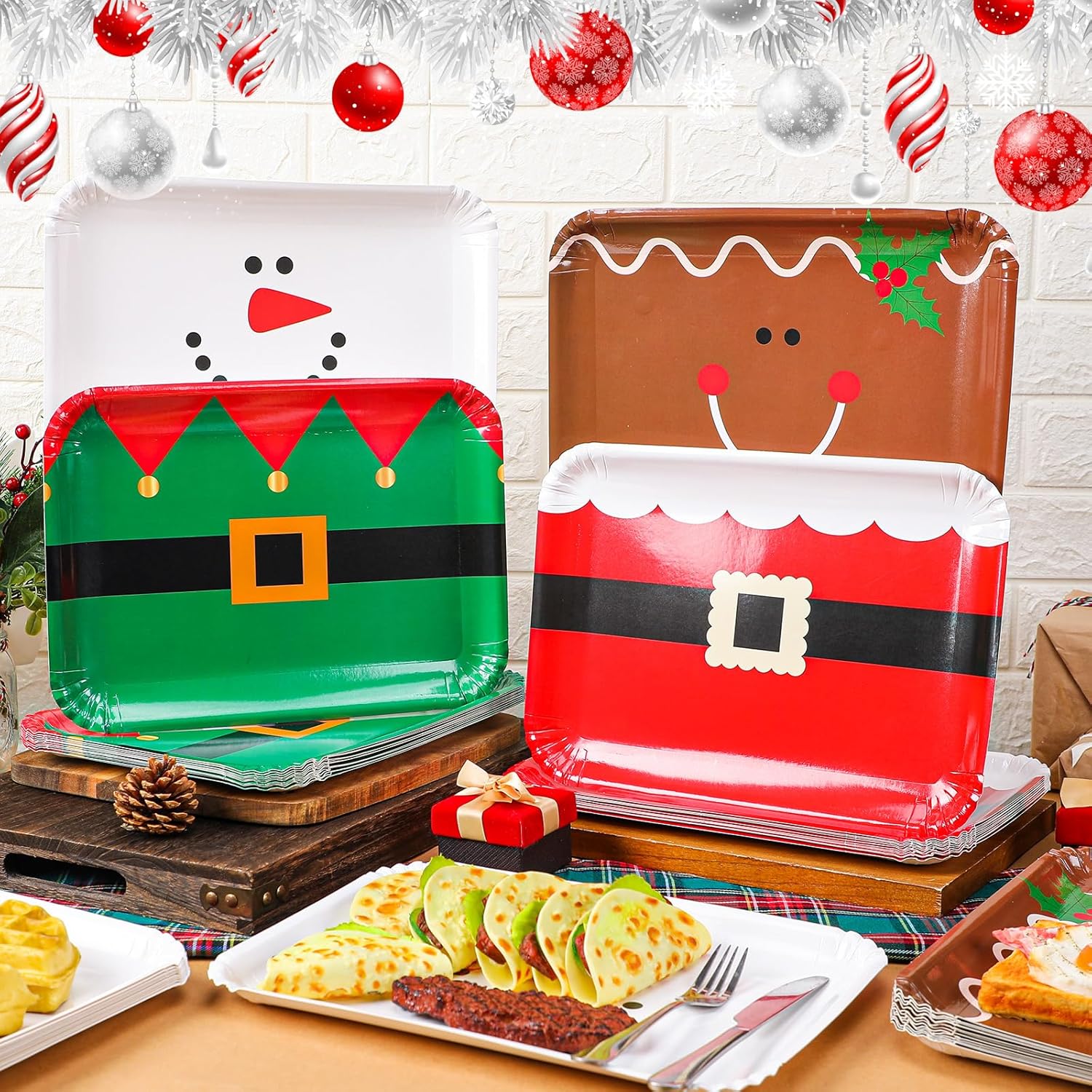 Havawish 52 Pcs 14" x 10" Extra Large Christmas Paper Plates Platters Rectangle Disposable Christmas Serving Trays Heavy Duty Large Red and Green Platters for xmas Party Dining Table