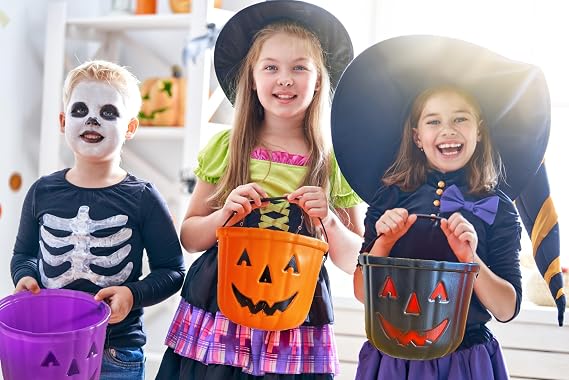 GIFTEXPRESS 3 Pcs 6 Halloween Trick or Treat Bucket, Halloween Jack O Lantern Candy Basket, Trick or Treat Pumpkin Pails Cauldron Kettle Candy Holder, Halloween Party Supplies