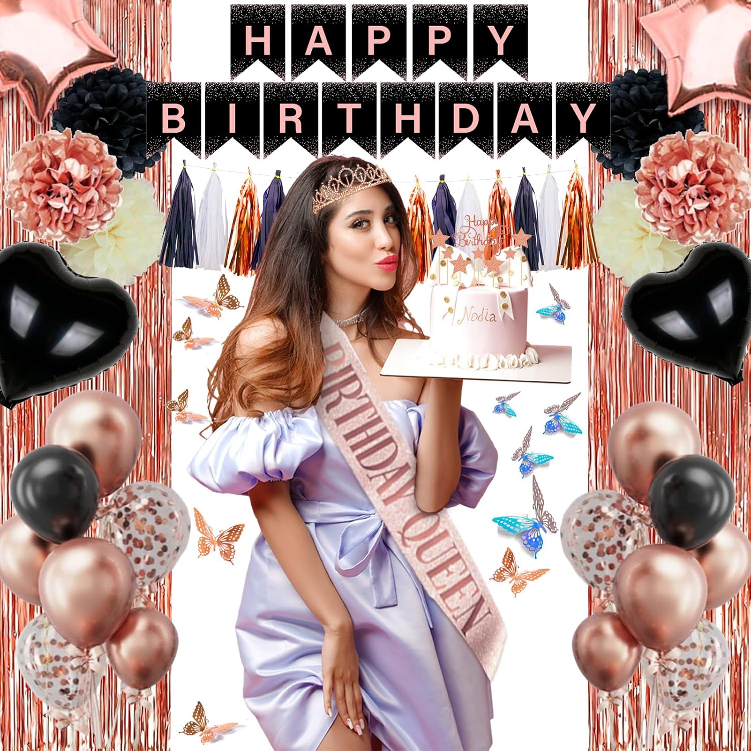 295 Pcs Black And Rose Gold Birthday Decorations, Birthday Decorations for Women or Girl Kit- Disposable Dinnerware Set with 25 Guest, Balloons, Sash, Tiara, Banner, Paper Pom Poms