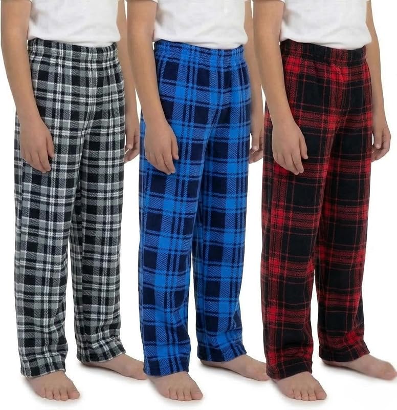 Pantalones de pijama para niños - Pantalones de pijama de micropolar suave para niños Diseño de cuadros estampados Ropa de dormir para niños Tallas 6-20 3PK