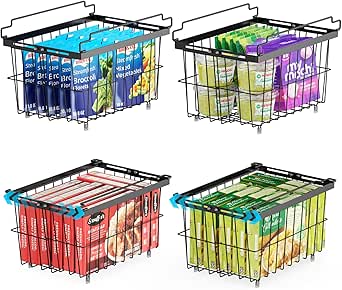 iSPECLE Freezer Organizer Bins - 4 Pack Adjustable Width for 5 to 7 Cu.Ft Chest Freezers, Stackable Freezer Wire Storage Baskets for Deep Freezer Organization, Assembly Required, Black