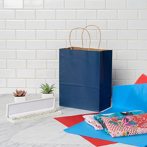 Miniatura 5 de Bolsas de regalo azules  8 x 4 x 10 pulgadas, paquete de 50 bolsas de compras de papel kraft azul marino con asas, bolsas de manualidades a granel