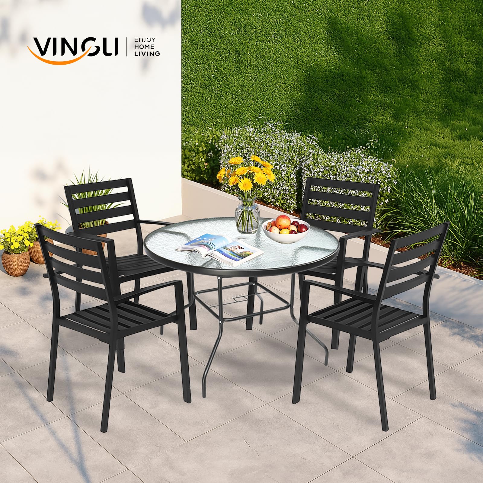 VINGLI Round Patio Table with Umbrella Hole, 40