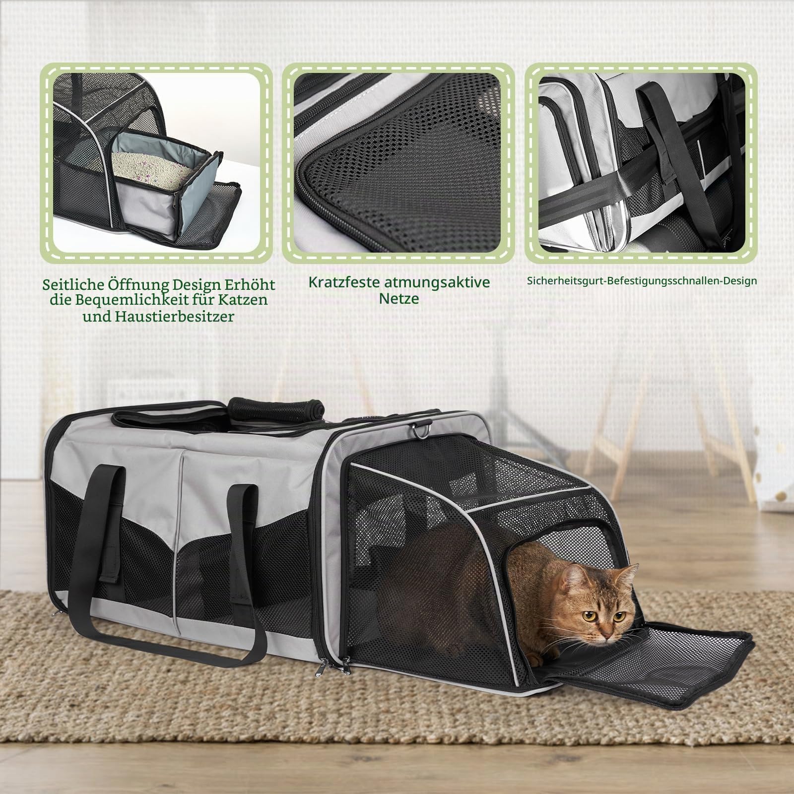 Katzentransportbox für 2 Katzen, Faltbar & Erweiterbar, Mit 2 Klappkatzenklos & Trennwand, Atmungsaktiv, Für Auto & Reise,Bis 7kg Belastbar, Grau