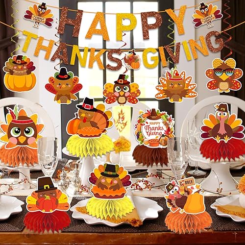 Miniatura 7 de El juego de 17 decoraciones de Acción de Gracias incluye pancarta, espirales colgantes y decoraciones de mesa 3D, centros de mesa de nido de abeja,