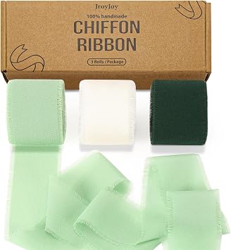 Chiffon Ribbon, 1.5in x 3 Rolls Total 24yd Handmade Chiffon Silk Ribbons Fringe & 15 Cards for Gift Wrapping, DIY Crafts Flower Bouquet Baby Shower Wedding Decorations
