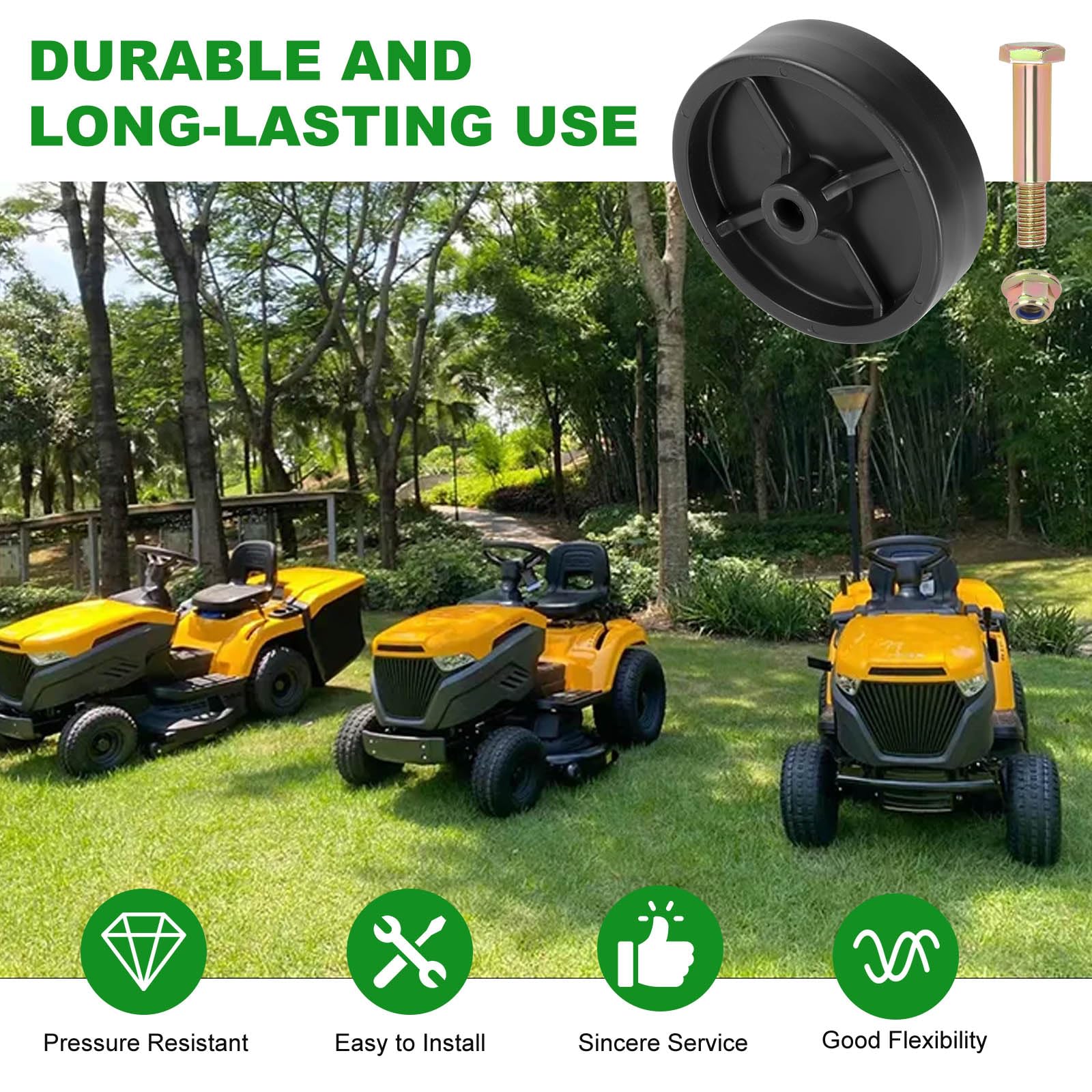 Paquete de 4 kits de rueda y pernos para cortacésped 734-0973 sustituye a la rueda de rodillo de cubierta MTD de 46 pulgadas, 42 pulgadas, 40 pulgadas, 38 pulgadas, Cub Cadet XT1-LT42 XT2-LX46 LTX1045