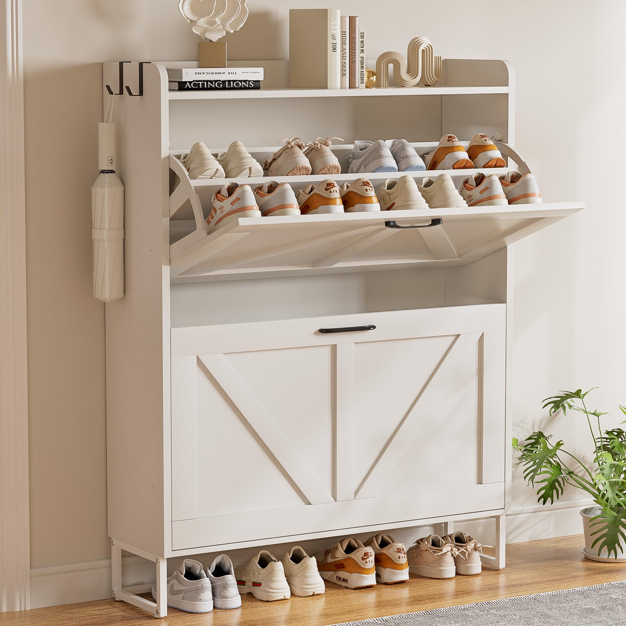 Photo 1 of **MISSING PARTS***EOYUTLLY Shoe Cabinet for Entryway with 2 Flip Drawers,Narrow Wooden Shoe Storage Cabinet with Metal Legs,Hold 24 Pairs, 4-Tier Adjustable Shelves–Freestanding Hidden Shoe Organizer for Hallway, Foyer