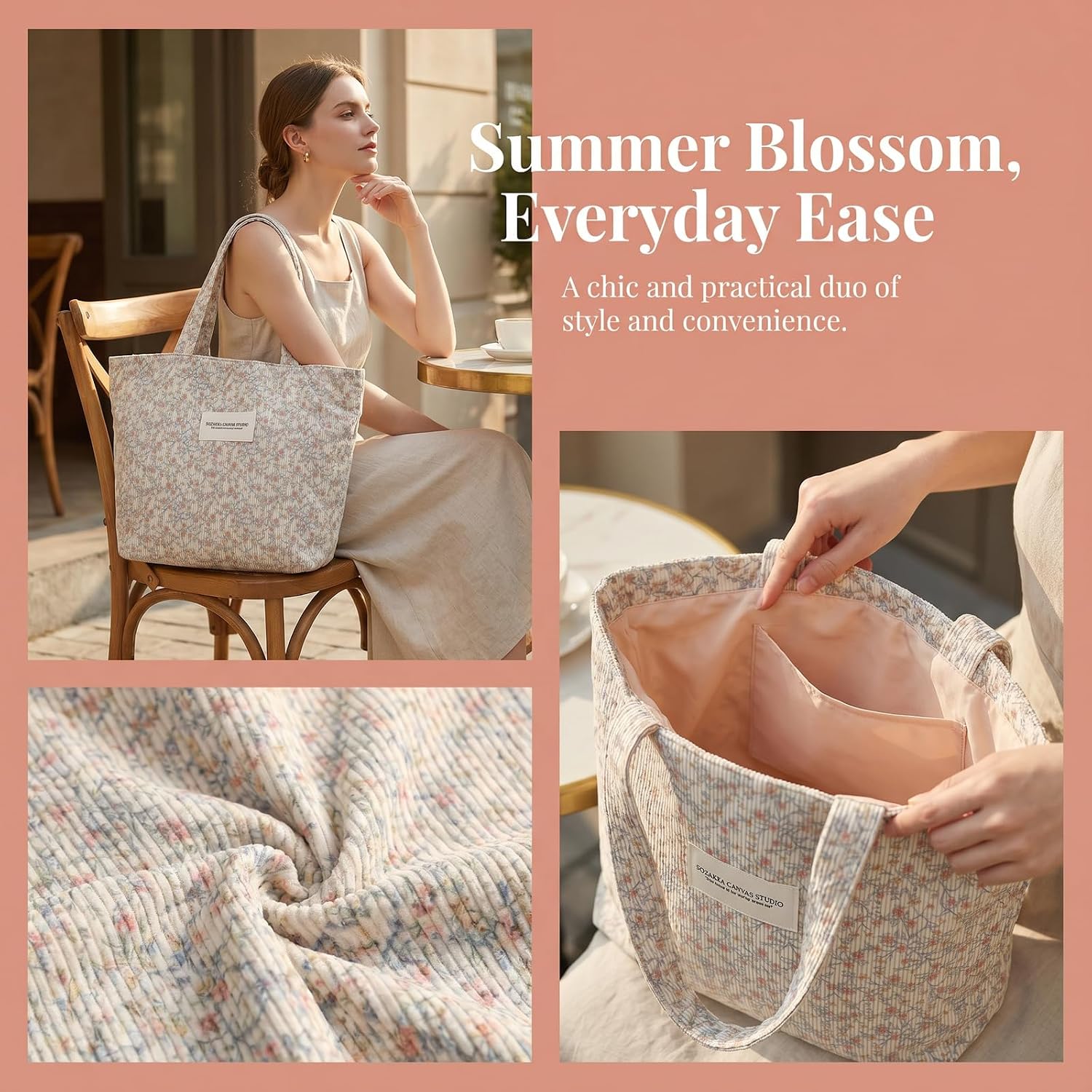 2 Pieces Women's Corduroy Canvas Tote Bag with Floral Print, Large Shopper Bag with Inner Pocket, Fabric Bag without Zipper for Work, Beach, Shopping and Gifts (Pink and Blue) image 5