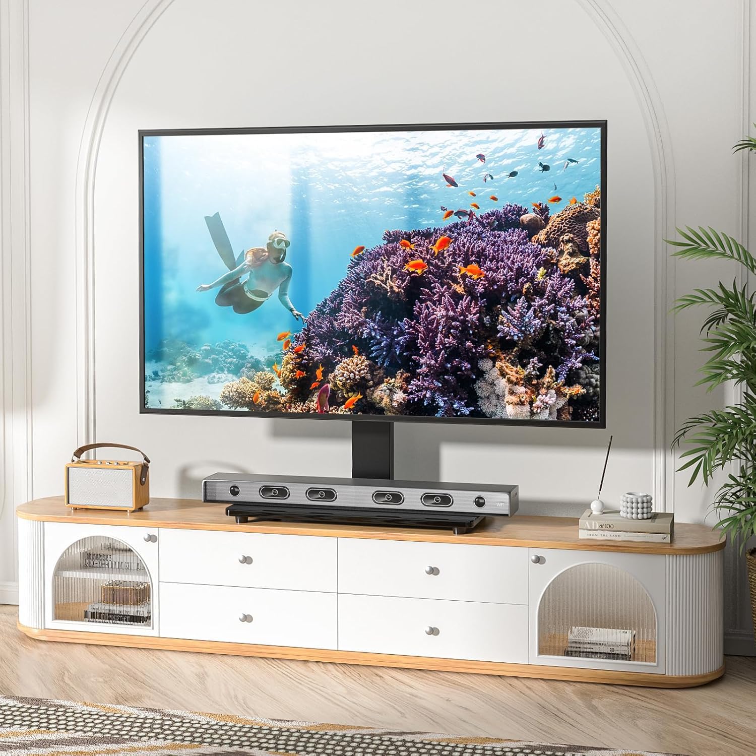 Rfiver Universal Swivel Table Top TV Stand For 37" To 70" TVs - Height Adjustable, Tempered Glass Base, Holds 110 Lbs