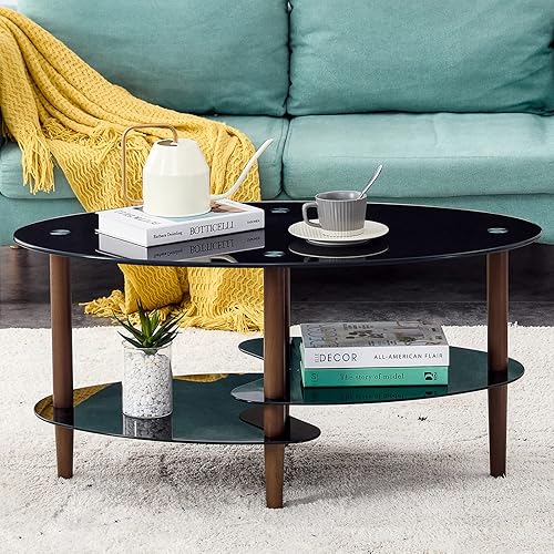 Miniatura 2 de YISUYA Mesa de centro de cristal, mesa de centro de vidrio ovalada negra, mesa de centro de vidrio transparente, mesa moderna, mesa de té de patas