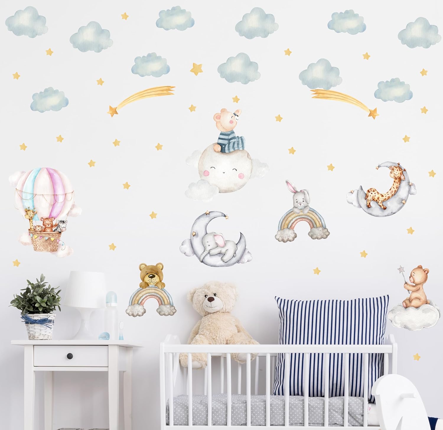 Cute Animals Sleeping on The Moon Wall Decals Clouds and Stars Wall Stickers Kids Room Peel and Stick Removable