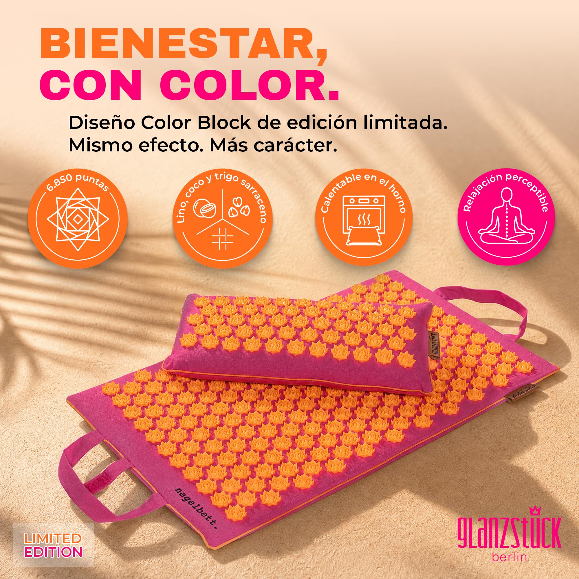 Glanzstück Berlin® Health Collection: Set de esterilla de acupresión XL, color original, de lino, ayuda con tensión, dolor de espalda, esterilla de masaje con cojín (función térmica) y bolsa