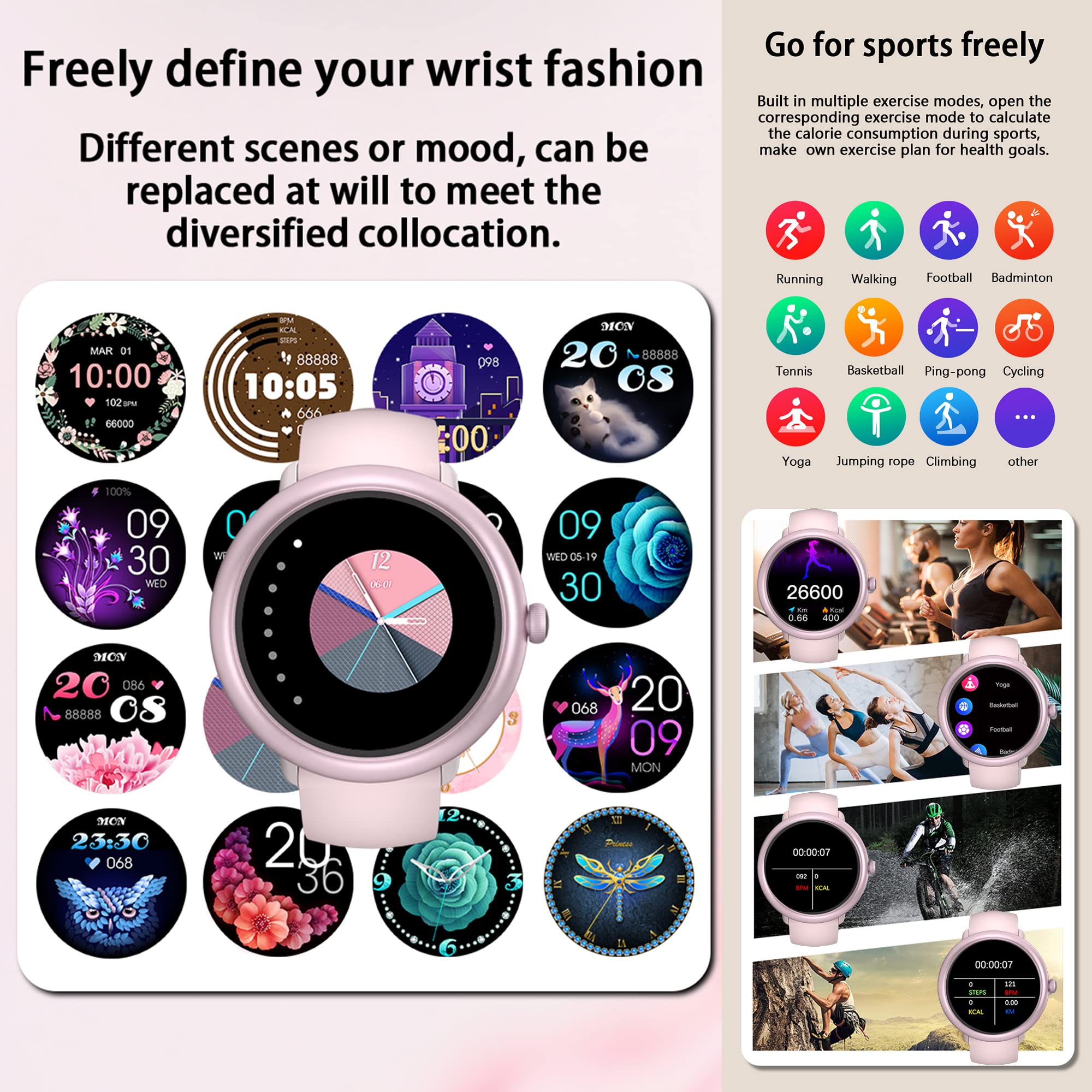 Damski smartwatch z funkcją kobiet, 1,09", inteligentny zegarek do systemu Android iOS, wodoodporny IP68, sportowy smartwatch z monitorem snu, SpO2, krokomierzem (różowy)