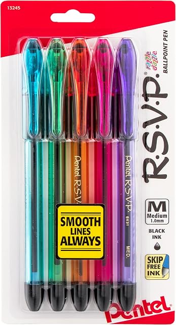 Pentel R.S.V.P. Razzle-Dazzle Ballpoint Pen, Medium Line, Black Ink, 5 Pack (BK91RDBP5M)