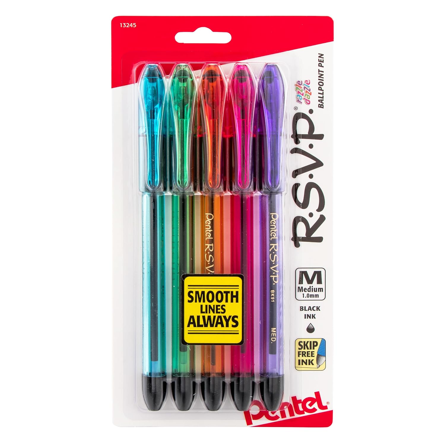 Pentel RSVP Razzle-Dazzle Ballpoint Pen 1 0mm Medium Line Black Ink Pack of 5 BK91RDBP5M