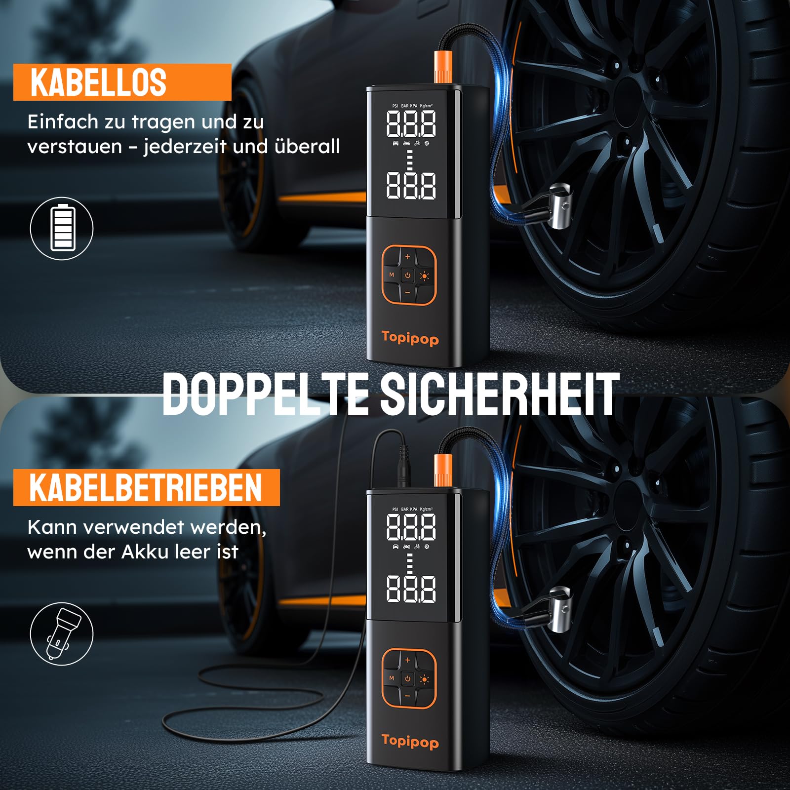 Elektrische Luftpumpe, 150 PSI Luft Kompressor, 12V Anschluss & Kabellose Wiederaufladbare Luftpumpe für Auto/Fahrrad(Schwarz)