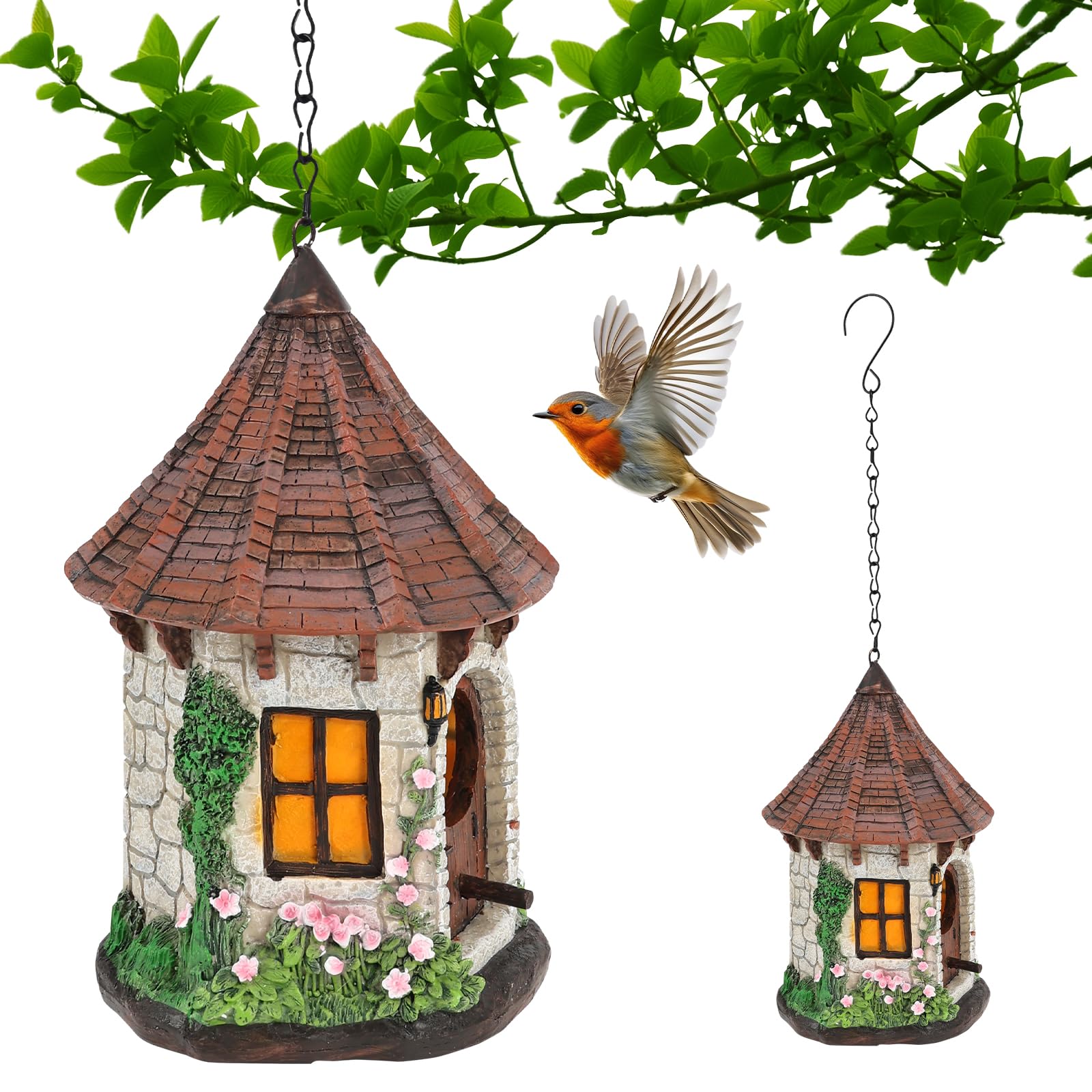 Handcrafted Colourful Resin Bird House for Garden with Hanging Chain, Water-resistant Outdoor Nesting Box for Blue tit Finch Robin, Decorative Wild Bird Shelter for Yard Tree Patio (Style 2)
