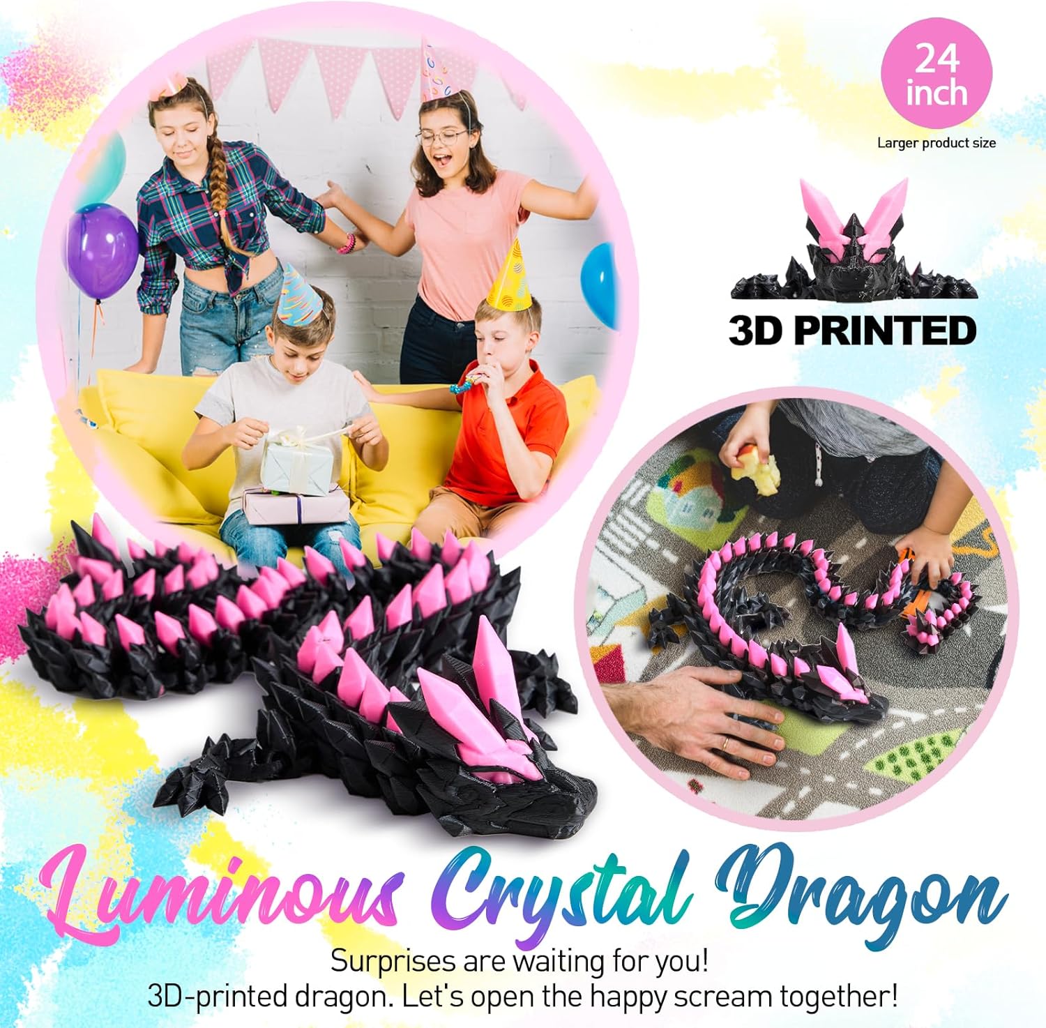 24" Large 3D Printed Dragon, 3D Dragon Big Glow in the Dark ,Giant 3-d Printed Dragons Toy, Huge 3D Dragons for Home Office Executive Desk Decor,Surprised Gift for Girls Boys Kids Age 3-5 4-7 8-12