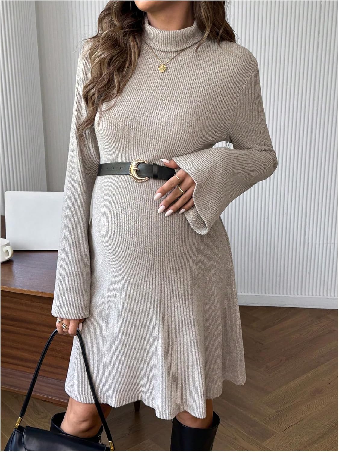 OYOANGLE Women's Maternity Turtleneck Bell Long Sleeve Sweater Dress Pregnancy Casual Short Dresses - Image 2