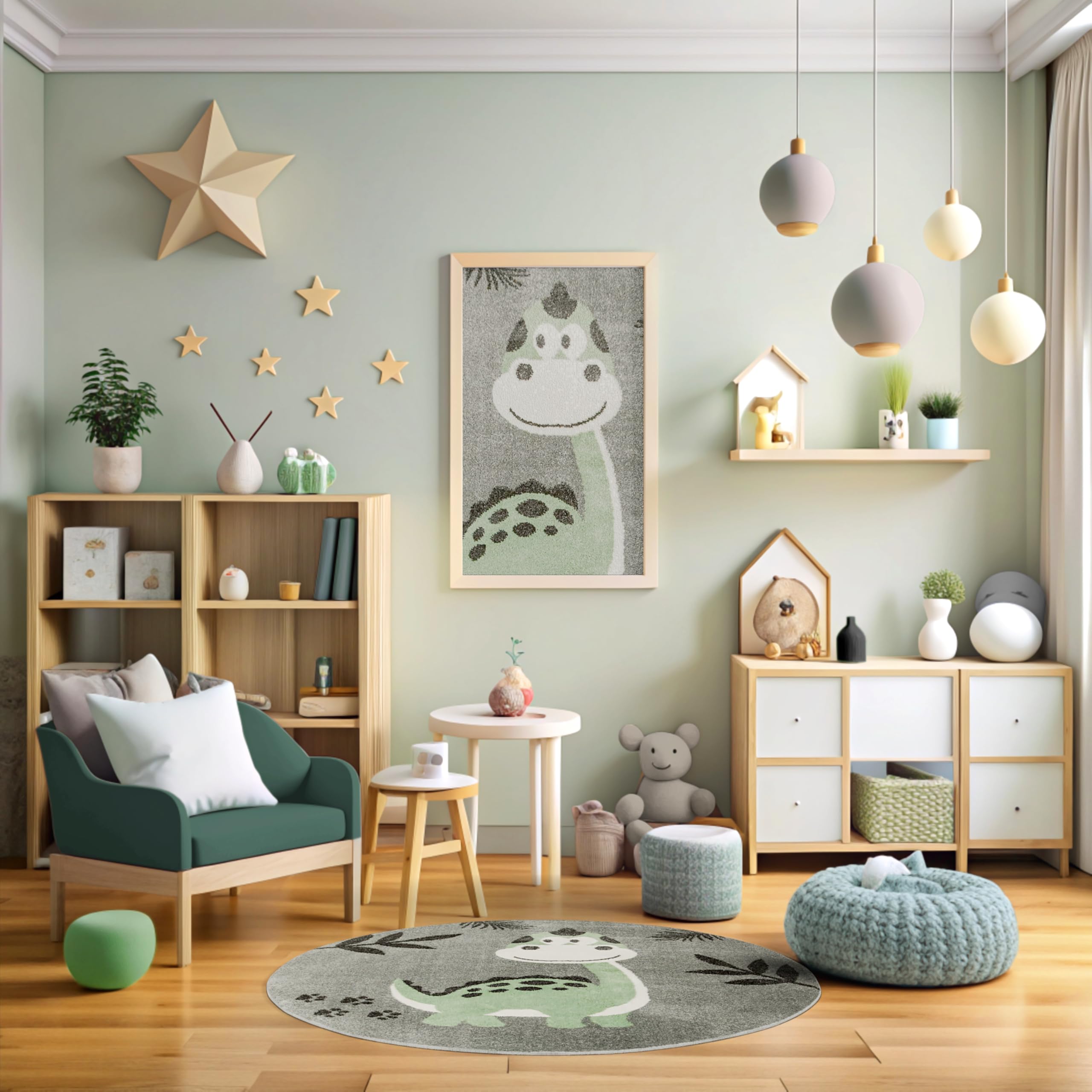 Runder Kinderteppich Lima Dinosaurier Grau, Grün 160 cm, Teppiche für EIN Kinderzimmer mit kurzem Flor, Teppich für einen Jungen, Mädchen, Gemütlich Spielteppich, Dekorativ
