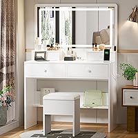 Haewon White Makeup Vanity Desk with LED Mirror Lights, Charging Station, 4 Drawers & Cushioned Stool - Bedroom Dressing Table Set