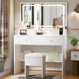 Haewon White Makeup Vanity Desk with LED Mirror Lights, Charging Station, 4 Drawers & Cushioned Stool - Bedroom Dressing Table Set