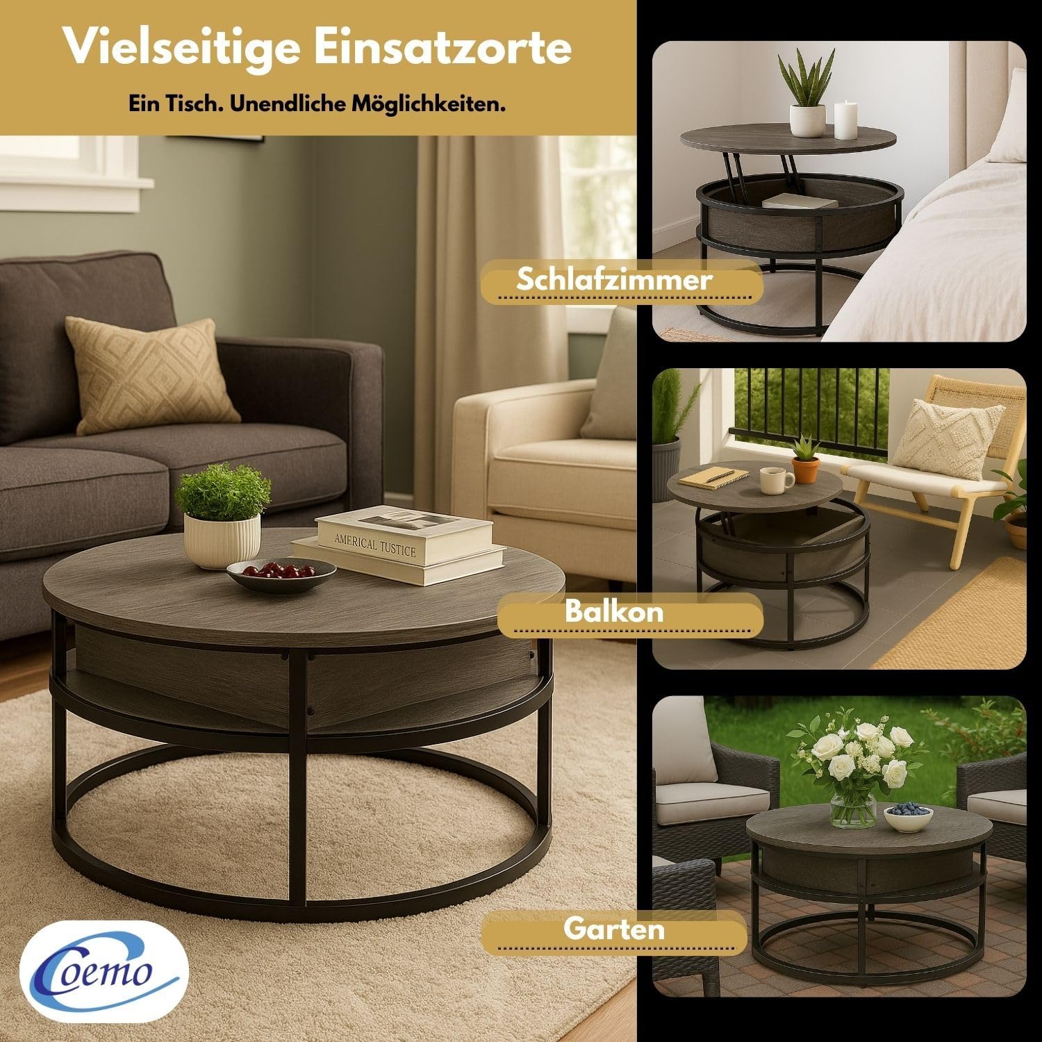 Coemo Couchtisch Swing, Grau, verstellbare Tischplatte, verdecktes Fach