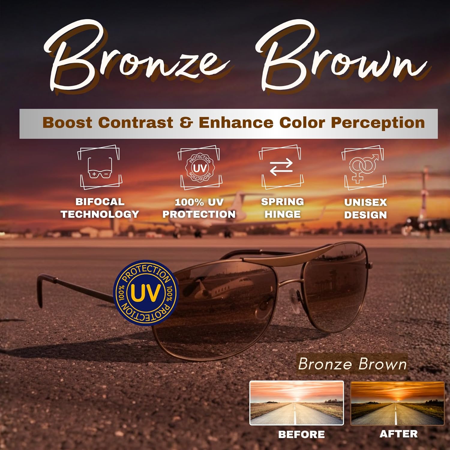 proSPORT Aviator Bifocal Reading Sunglasses +1.50 Smoke Lens & Brown Lens for Men and Women
